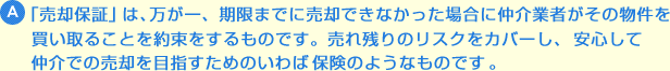 「売却保証」は、万が一、期限までに売却できなかった場合に仲介業者がその物件を買い取ることを約束をするものです